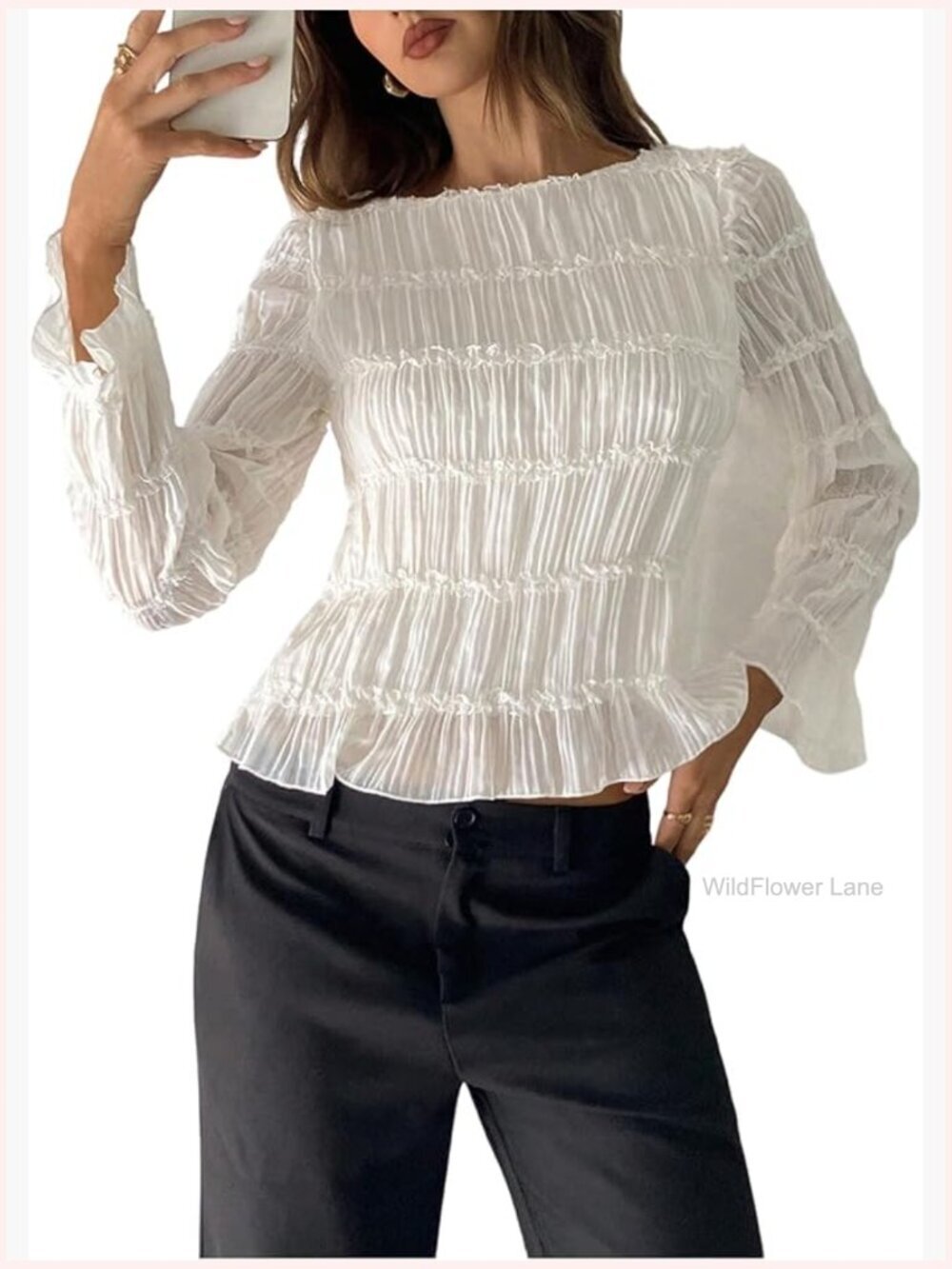 Long Sleeve Lace Trim Blouse Ruffle Hem Dressy Casual Pullover Top